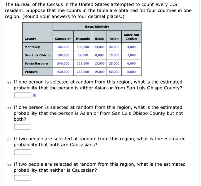 The Bureau of the Census in the United States attempted to count every U.S. resident. Suppose that the counts in the table are obtained for four counties in one region. (Round your answers to four decimal places.)

Race/Ethnicity
County | Caucasian | Hispanic | Black | Asian | American Indian
Monterey | 164,000 | 139,000 | 24,000 | 40,000 | 4,000
San Luis Obispo | 180,000 | 37,000 | 8,000 | 10,000 | 3,000
Santa Barbara | 240,000 | 121,000 | 13,000 | 25,000 | 6,000
Ventura | 430,000 | 232,000 | 19,000 | 50,000 | 8,000

(a) If one person is selected at random from this region, what is the estimated probability that the person is either Asian or from San Luis Obispo County?
(b) If one person is selected at random from this region, what is the estimated probability that the person is Asian or from San Luis Obispo County but not both?
(c) If two people are selected at random from this region, what is the estimated probability that both are Caucasians?
(d) If two people are selected at random from this region, what is the estimated probability that neither is Caucasian?