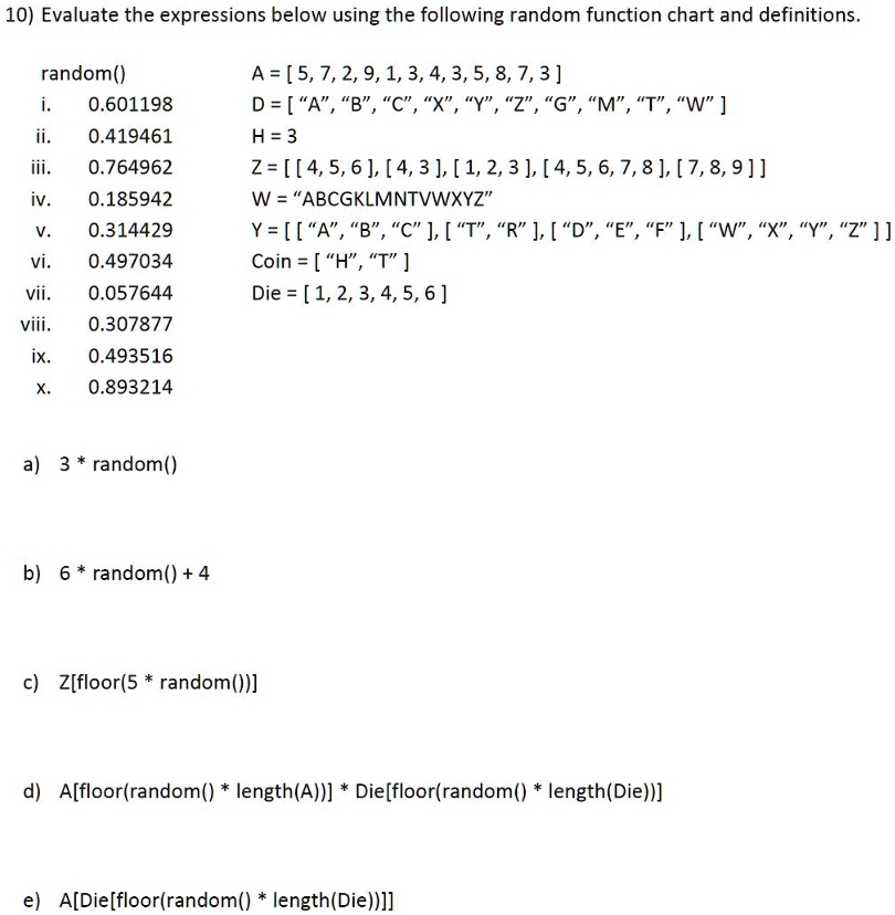 Solved 10 Evaluate The Expressions Below Using The Following Random Function Chart And Definitions Random 0 0 0 0 0 0 Vii 0 Viii 0 0 0 3214 A 5 7 2 9 1 3 4 3 5 8 7 3 D A