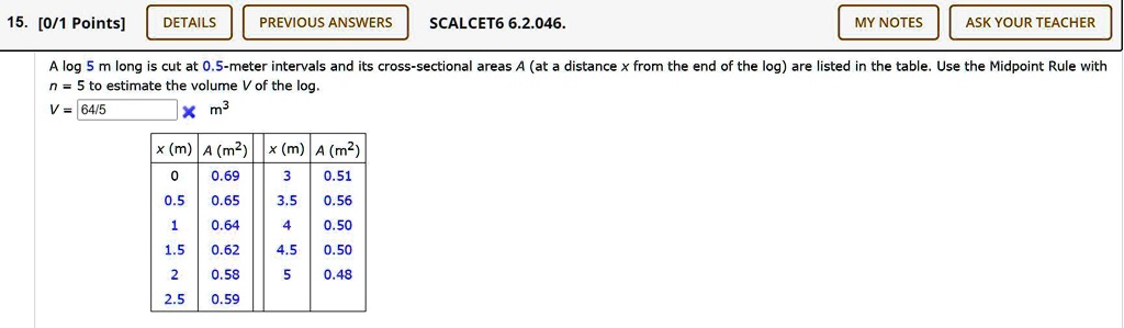 Solved 0 1 Points Details Previous Answers Scalcet6 6 2 046 My Notes Ask Your Teacher Log 5 M Long Is Cut At 0 5 Meter Intervals And Its Cross Sectional Areas A At A Distance From The