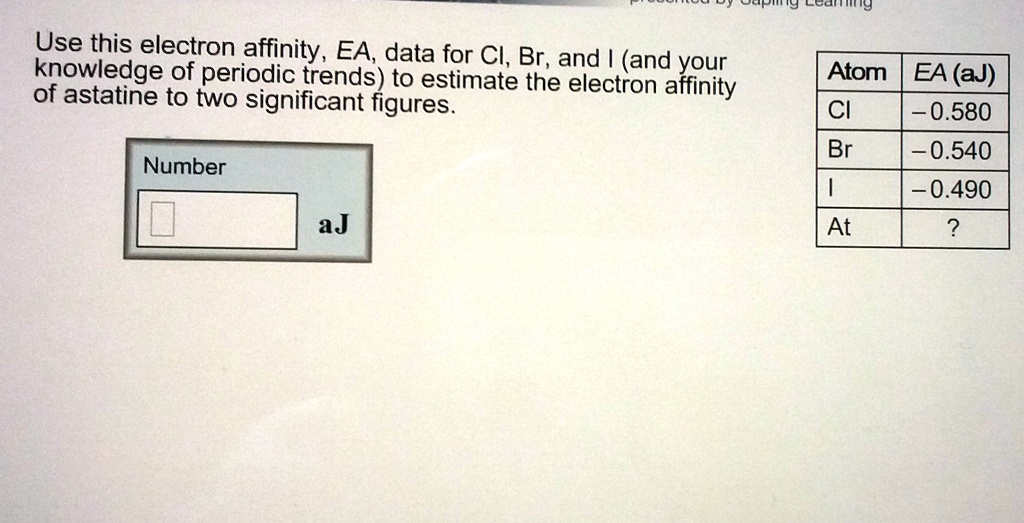 SOLVED Use this electron affinity, EA, data for Cl, Br, and I (and