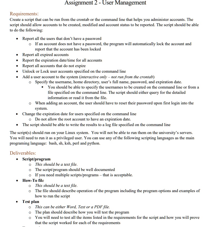 SOLVED: Assignment 2 - User Management Requirements: Create a script ...