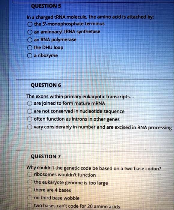 QUESTION 5

In a charged tRNA molecule, the amino acid is attached by:
the 5'-monophosphate terminus
an aminoacyl-tRNA synthetase
an RNA polymerase
the DHU loop
a ribozyme

QUESTION 6

The exons within primary eukaryotic transcripts...
are joined to form mature mRNA
are not conserved in nucleotide sequence
often function as introns in other genes
vary considerably in number and are excised in RNA processing

QUESTION 7

Why couldn't the genetic code be based on a two base codon?
ribosomes wouldn't function
the eukaryote genome is too large
there are 4 bases
no third base wobble
two bases can't code for 20 amino acids