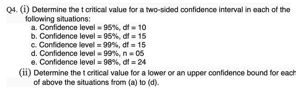SOLVED: Q4. (i) Determine the t critical value for a two-sided ...