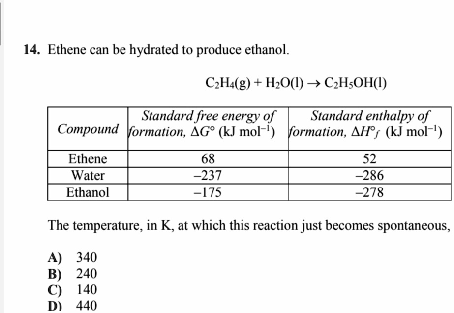 14 ethene can be hydrated to produce ethanol c2h4g h2ol rightarrow c2h5ohl compound standard free energy of formation delta go kj mol 1 standard enthalpy of formation delta hof kj mol  22902