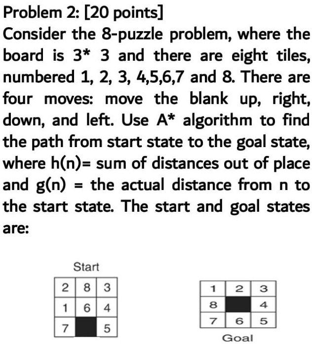 SOLVED: Problem 2: [20 points] Consider the 8-puzzle problem, where the ...