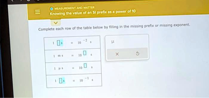 MEASUREMENT AND MATTER
Knowing the value of an SI prefix as a power of 10
Complete each row of the table below by filling in the missing prefix or missing exponent.
1 oxed s = 10^-2 s
1 ms = 10^oxed s
1 mu s = 10^oxed s
1 oxed s = 10^-1 s
