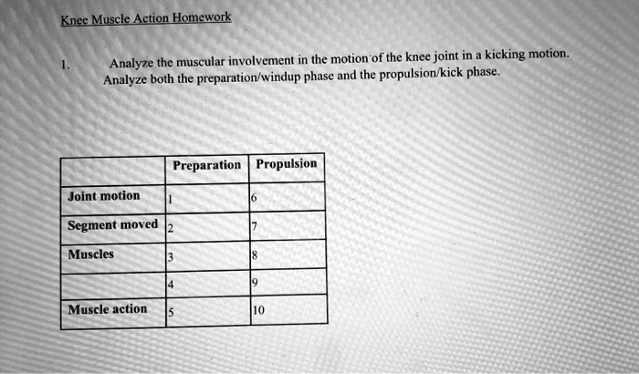 Knee Muscle Action Homework

1. Analyze the muscular involvement in the motion of the knee joint in a kicking motion. Analyze both the preparation/windup phase and the propulsion/kick phase.

Preparation Propulsion
Joint motion 1 6
Segment moved 2 7
Muscles 3 8
4 9
Muscle action 5 10
