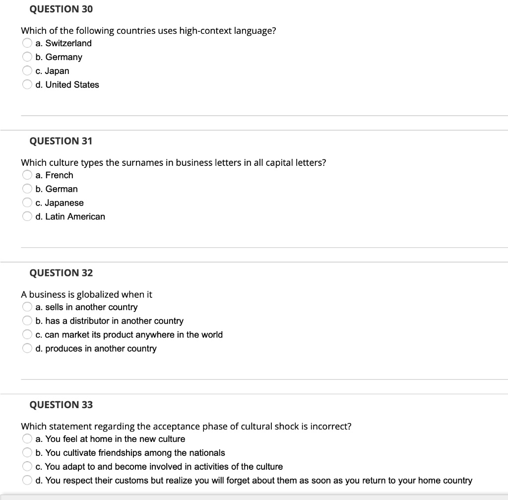 SOLVED QUESTION 30 Which of the following countries uses highcontext language? a. Switzerland