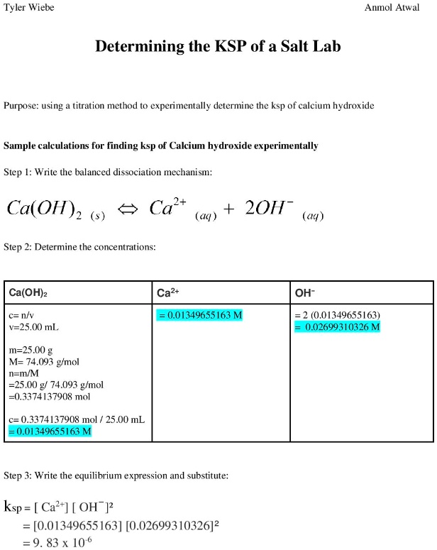 SOLVED Tyler Wiebe Anmol Atwal Determining the KSP of a Salt Lab