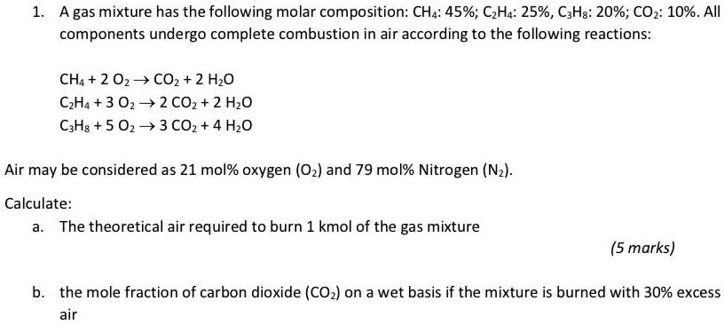 a gas mixture has the following molar composition ch4 45 c2h4 25 c3h8 ...