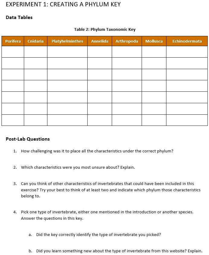 EXPERIMENT 1: CREATING A PHYLUM KEY Data Tables Table 2: Phylum