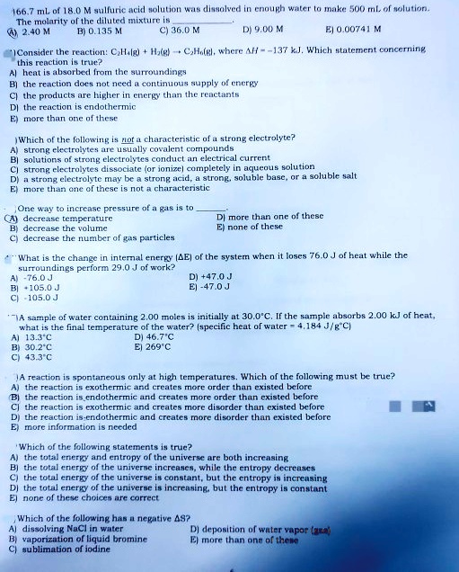 Solved Ml Of 18 0 M Sulluric Acid Uoluticn Wil Dliuolved Enumkn L The Molanily Ol The Diluted Mixture 135 M 36 0 9 0u Mnake Soo Ml Of Ulutin 0 007a K Whcre 4 137 Kj