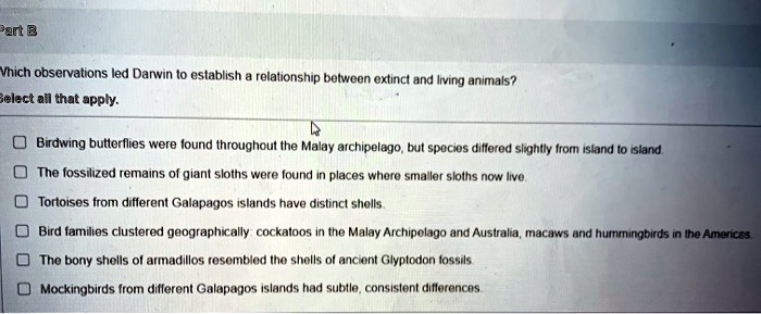 Which observations led Darwin to establish a relationship between extinct and living animals?
Select all that apply.
Birdwing butterflies were found throughout the Malay archipelago, but species differed slightly from island to island.
The fossilized remains of giant sloths were found in places where smaller sloths now live.
Tortoises from different Galapagos islands have distinct shells.
Bird families clustered geographically: cockatoos in the Malay Archipelago and Australia, macaws and hummingbirds in the Americas.
The bony shells of armadillos resembled the shells of ancient Glyptodon fossils.
Mockingbirds from different Galapagos islands had subtle, consistent differences.