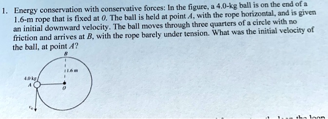 Energy conservation with conservative forces: In the figure, a 4.0-kg ball is on the end of a 1.6-m rope that is fixed at 0. The ball is held at point A, with the rope horizontal, and is given an initial downward velocity. The ball moves through three quarters of a circle with no friction and arrives at B, with the rope barely under tension. What was the initial velocity of the ball, at point A?