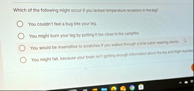 which of the following might occur if you lacked temperature receptors in the leg you couldnt feel a bug bite your leg you might burn your leg by putting it too close to the campfire you wou 49058