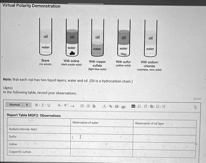 Virtual Polarity Demonstration
oil
oil
oil
oil
oil
water
water
water
water
water
Blank (no solute)
With iodine (dark purple solid)
With copper sulfate (light blue solid)
With sulfur (yellow solid)
With sodium chloride (colorless, ionic solid)
Note: that each vial has two liquid layers, water and oil. (Oil is a hydrocarbon chain.)
In the following table, record your observations.
Report Table MGP.2: Observations
Sodium chloride, NaCl
Sulfur
lodine
Copper(II) sulfate
Observation of water
Observation of oil layer