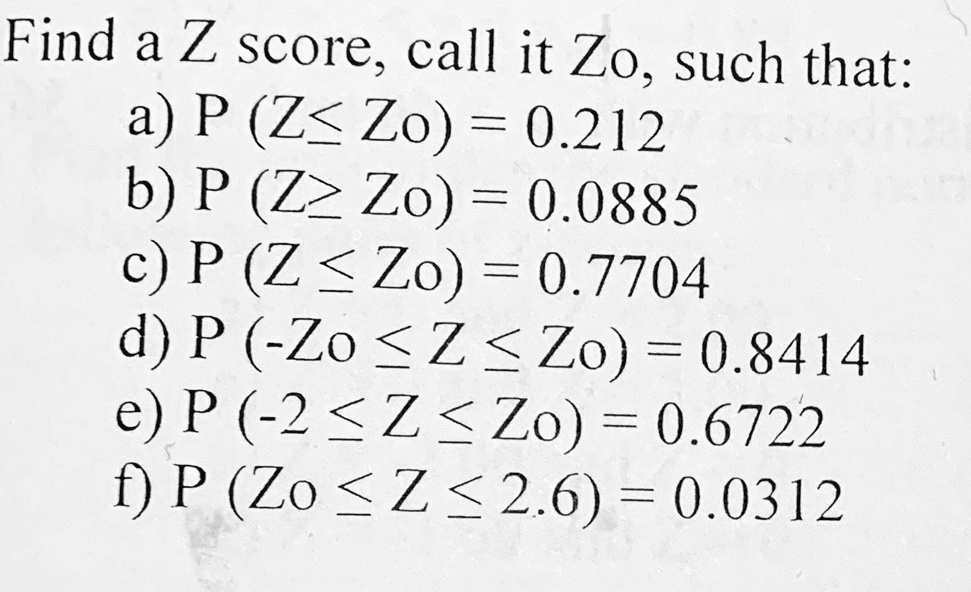 Solved Find A Z Score Call It Zo Such That A P Z Zo 0 212 B P Zz Zo 0 05 C P Z Zo 0 7704 D P Zo