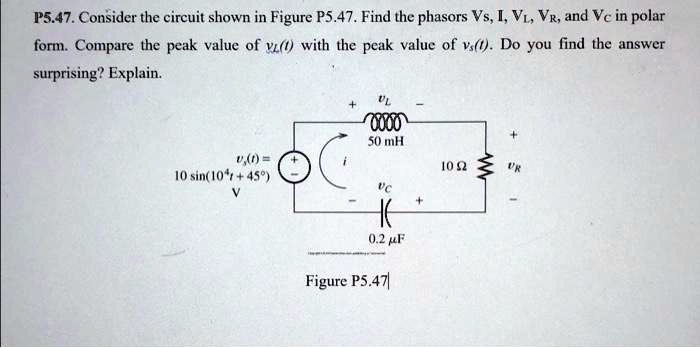 P5.47. Consider the circuit shown in Figure P5.47. Find the phasors VS ...