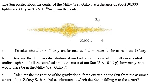 The Sun rotates about the center of the Milky Way Galaxy at a distance of about 30,000 lightyears. (1 ly = 9.5 !! 10^15m) from the center.
Sun
30,000 ly
a. If it takes about 200 million years for one revolution, estimate the mass of our Galaxy.
b. Assume that the mass distribution of our Galaxy is concentrated mostly in a central uniform sphere. If all the stars had about the mass of our Sun (2 !! 10^30kg), how many stars would there be in the Milky Way Galaxy?
c. Calculate the magnitude of the gravitational force exerted on the Sun from the assumed center of our Galaxy     the radial acceleration at which the Sun is falling into the center?