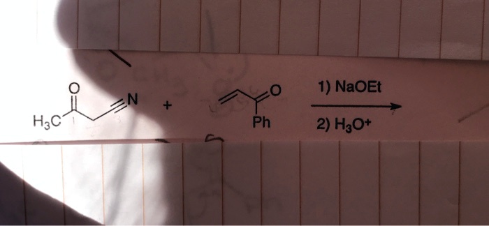 H3CC(=O)C#N  PhCH=CHC(=O)O 1) NaOEt⟶2) H3O^+⟶