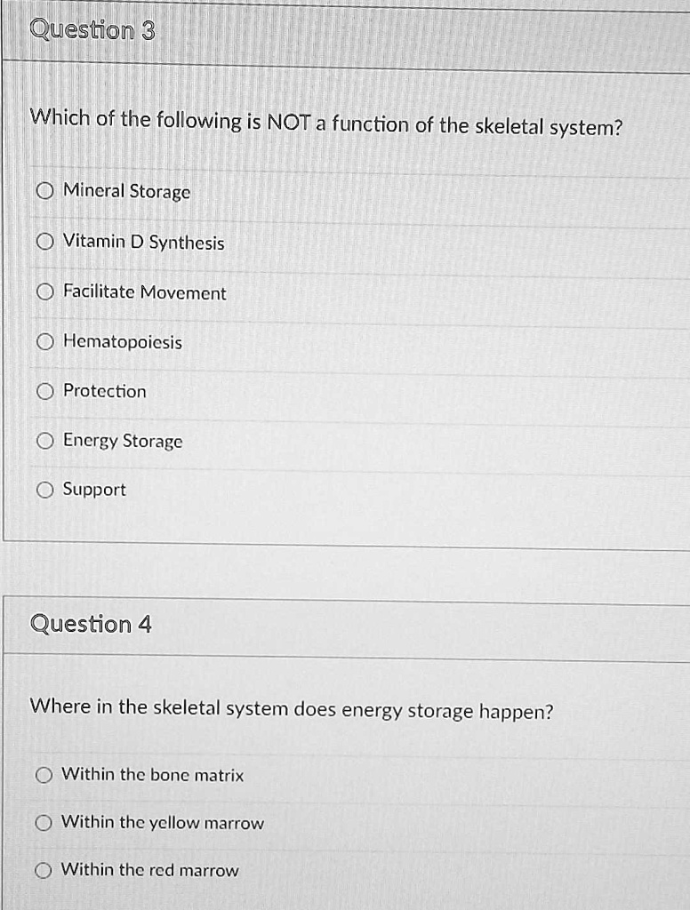Which of the following is NOT a function of the skeletal system?
Mineral Storage
Vitamin D Synthesis
Facilitate Movement
Hematopoiesis
Protection
Energy Storage
Support
Where in the skeletal system does energy storage happen?
Within the bone matrix
Within the yellow marrow
Within the red marrow