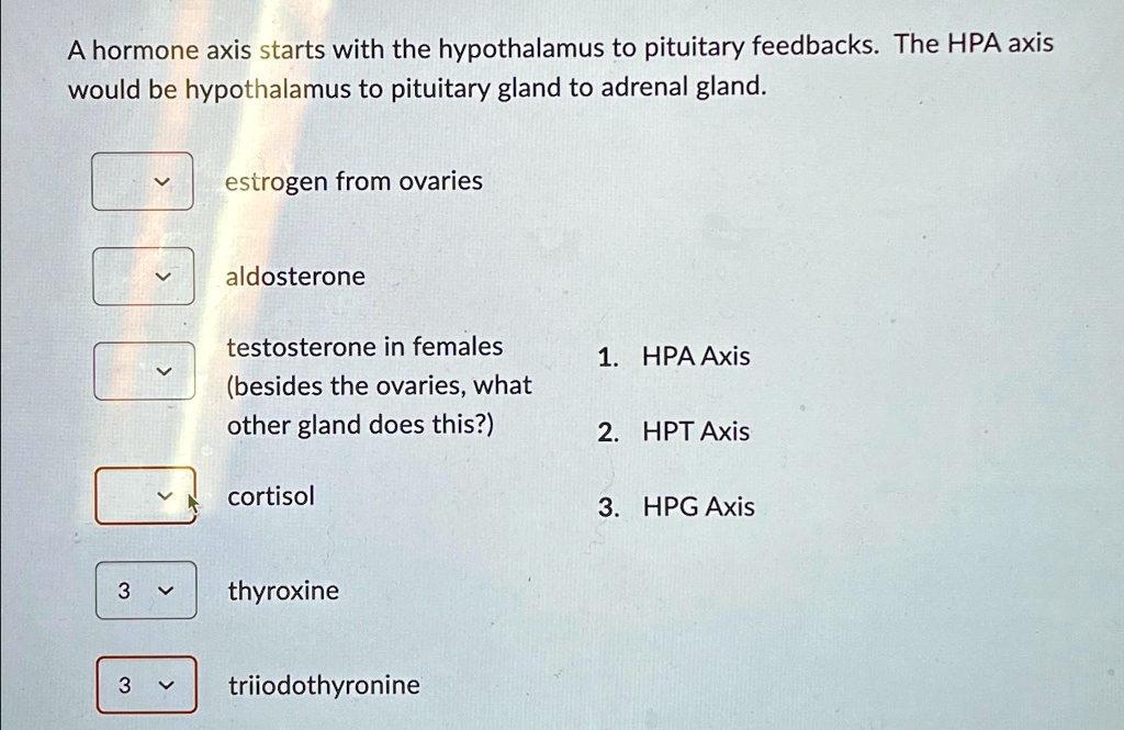 SOLVED: A hormone axis starts with the hypothalamus to pituitary ...