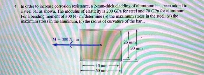 In order to increase corrosion resistance, a 2-mm-thick cladding of aluminum has been added to a steel bar as shown. The modulus of elasticity is 200 GPa for steel and 70 GPa for aluminum. For a bending moment of 300 N · m, determine (a) the maximum stress in the steel, (b) the maximum stress in the aluminum, (c) the radius of curvature of the bar...