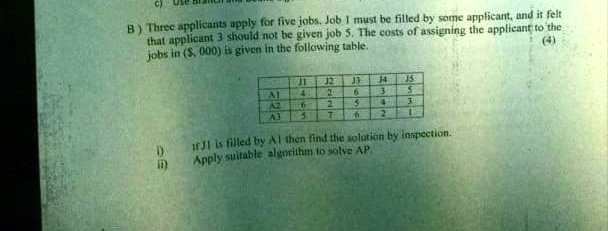 c)
B) Three applicants apply for five jobs. Job 1 must be filled by some applicant, and it felt
that applicant 3 should not be given job 5. The costs of assigning the applicant to the
jobs in (, 000) is given in the following table.
(4)
    J1     J2     J3     J4     J5 

A1     4     2     6     3     5 

A2     6     2     5     4     1 

A3     5     7     0     2     1 

i) if J1 is filled by A1 then find the solution by inspection.
ii) Apply suitable algorithm to solve AP.