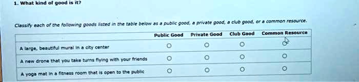 1. What kind of good is it?
Classify each of the following goods listed in the table below as a public good, a private good, a club good, or a common resource.
Public Good Private Good Club Good Common Resource
A large, beautiful mural in a city center
A new drone that you take turns flying with your friends
A yoga mat in a fitness room that is open to the public
