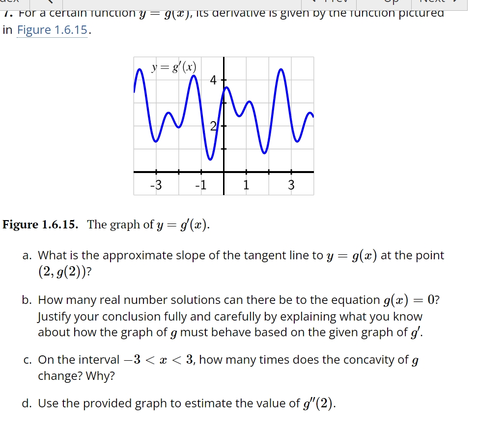 1. For a certain function y = g(x), its derivative is given by the function pictured in Figure 1.6.15.

Figure 1.6.15. The graph of y = g'(x).

a. What is the approximate slope of the tangent line to y = g(x) at the point (2, g(2))?
b. How many real number solutions can there be to the equation g(x) = 0? Justify your conclusion fully and carefully by explaining what you know about how the graph of g must behave based on the given graph of g'.
c. On the interval -3 < x < 3, how many times does the concavity of g change? Why?
d. Use the provided graph to estimate the value of g”(2).