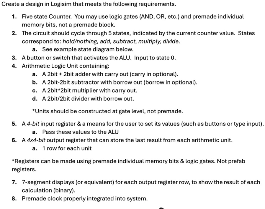 create a design in logisim that meets the following requirements 1 five state counter you may use logic gates and or etc and premade individual memory bits not a premade block 2 the circuit  75645