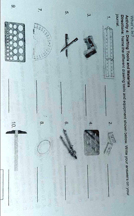 SOLVED: What's in? Activity 4: Drafting Tools and Materials Directions:  Name the different drawing tools and equipment shown below. Write your  answers on your journal. Samga artsy dyan help niyo kodi ko