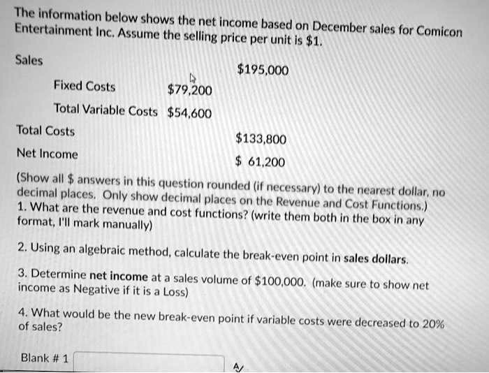 The information below shows the net income based on December sales for Comicon Entertainment Inc. Assume the selling price per unit is 1.

Sales195,000
Fixed Costs 79,200
Total Variable Costs54,600
Total Costs 133,800
Net Income 61,200

(Show all answers in this question rounded (if necessary) to the nearest dollar, no decimal places. Only show decimal places on the Revenue and Cost Functions.)
1. What are the revenue and cost functions? (write them both in the box in any format, I'll mark manually)

2. Using an algebraic method, calculate the break-even point in sales dollars.

3. Determine net income at a sales volume of100,000. (make sure to show net income as Negative if it is a Loss)

4. What would be the new break-even point if variable costs were decreased to 20% of sales?