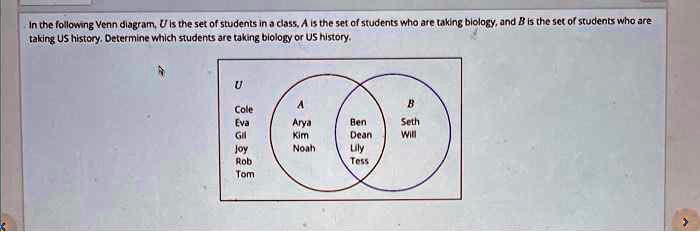 SOLVED: In the following Venn diagram, U is the set of students in a ...