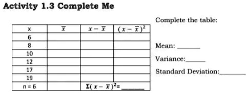 Activity 1.3 Complete Me
Complete the table:
x
x̅
x - x̅
(x - x̅)^2
6
8
10
12
17
19
n = 6
∑(x - x̅)^2=
Mean:
Variance:
Standard Deviation: