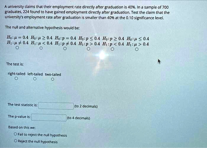 A university claims that their employment rate directly after graduation is 40%. In a sample of 700 graduates, 224 found to have gained employment directly after graduation. Test the claim that the university's employment rate after graduation is smaller than 40% at the 0.10 significance level. The null and alternative hypothesis would be: H0: ? = 0.4 H0: ? ? 0.4 H0: p = 0.4 H0: p ? 0.4 H0: p ? 0.4 H0: ? ? 0.4 H1: ? ? 0.4 H1: ? < 0.4 H1: p ? 0.4 H1: p > 0.4 H1: p < 0.4 H1: ? > 0.4 The test is: right-tailed left-tailed two-tailed The test statistic is: (to 2 decimals) The p-value is: (to 4 decimals) Based on this we: Fail to reject the null hypothesis Reject the null hypothesis