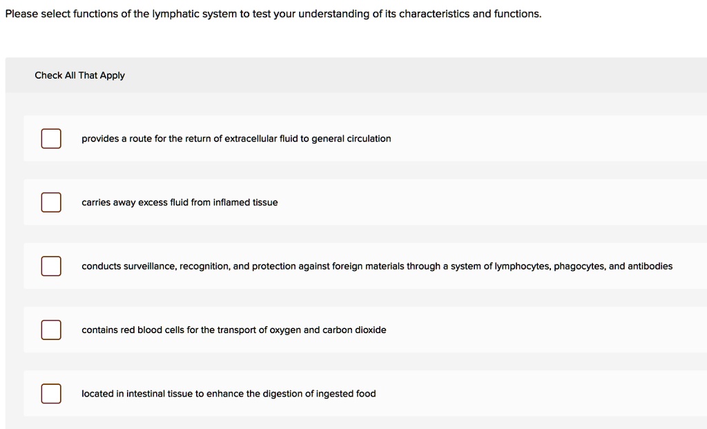 Solved Please Select Functions Of The Lymphatic System To Test Your Understanding Of Its