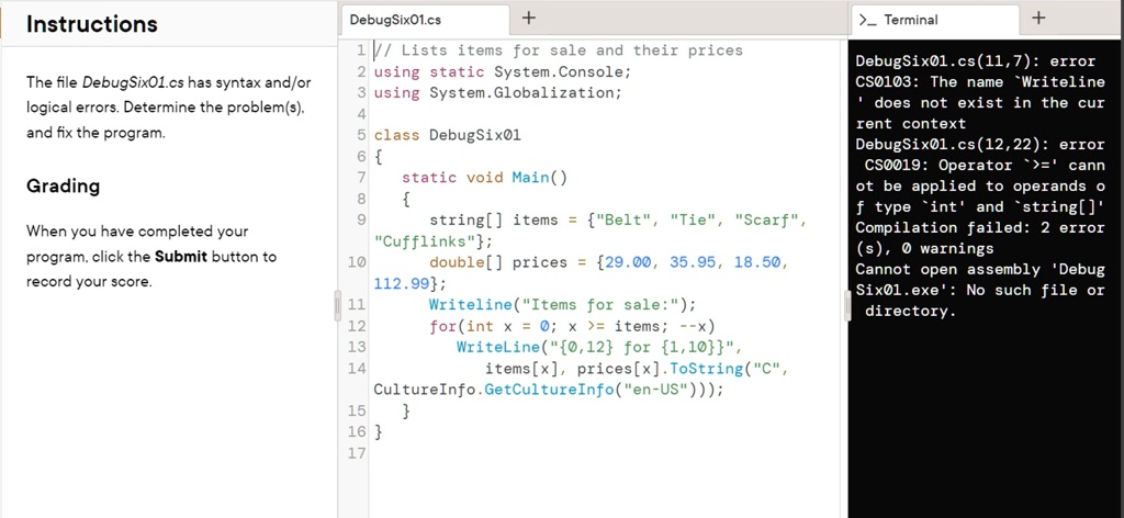 the file debugsix01cs has syntax andor logical errors determine the ...