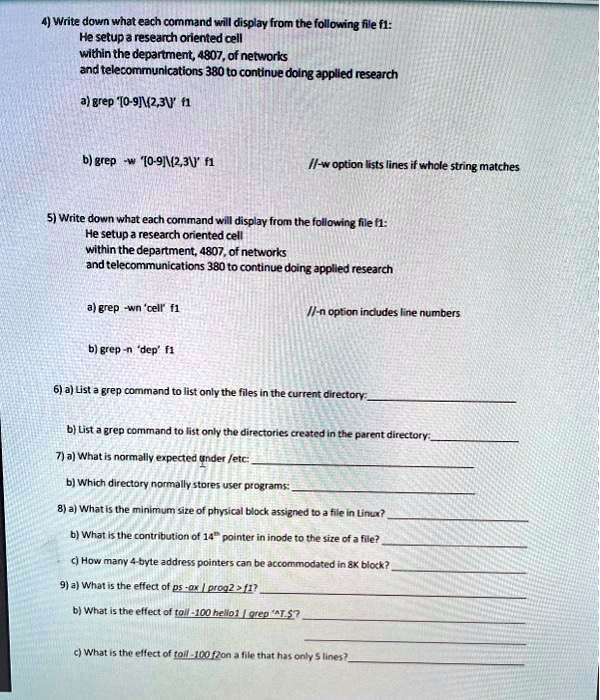 hello could you please help me answer all of this and show all the work 4 write down what each command will display from the following file f1 he setup a research oriented cell within the de 92757