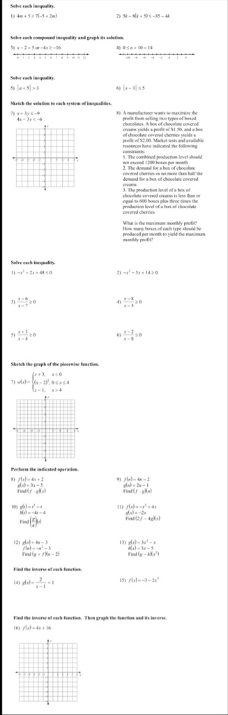 solve each inequality 1 4m 5 7 5 2m 2 5t 8t 5 35 4t solve each compound inequality and graph its solution 3 x 2 5 or 4x ge 16 4 0 le n 10 14 solve each inequality 5 a 5 3 6 x 3 le 5 sketch t 72097