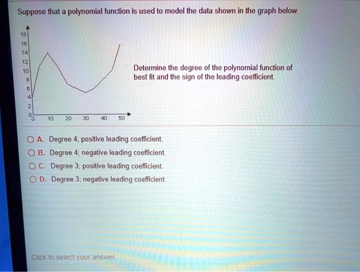 Suppose that a polynomial function is used to model the data shown in the graph below.
Determine the degree of the polynomial function of
best fit and the sign of the leading coefficient.
A. Degree 4; positive leading coefficient.
B. Degree 4; negative leading coefficient.
C. Degree 3; positive leading coefficient.
D. Degree 3; negative leading coefficient.