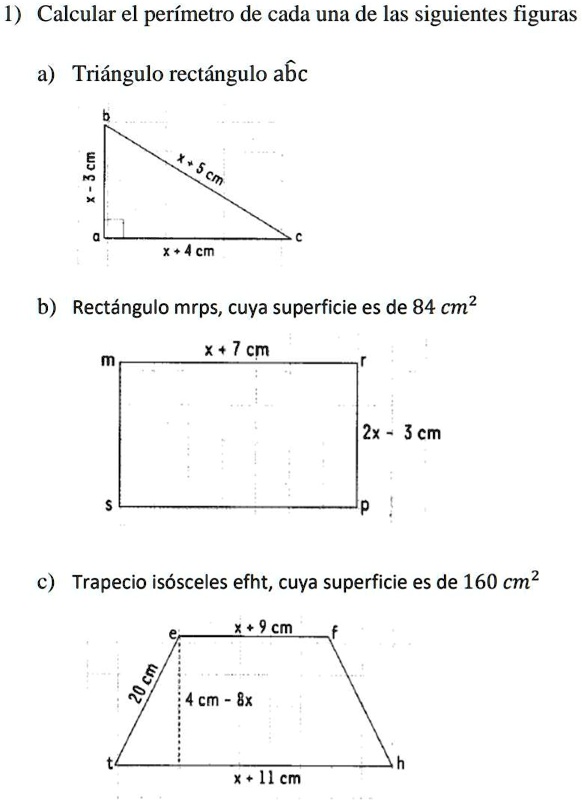 SOLVED: ecuaciones de 2grado 1) Calcular el perímetro de cada una de ...