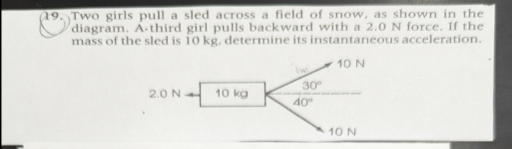 (19.) Two girls pull a sled across a field of snow, as shown in the diagram. A-third girl pulls backward with a 2.0  N force. If the mass of the sled is 10  kg, determine its instantaneous acceleration.