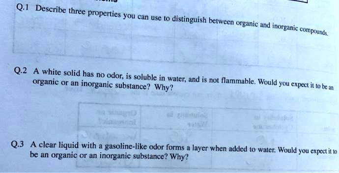 Q.1 Describe three properties you can use to distinguish between organic and inorganic compounds.
Q.2 A white solid has no odor, is soluble in water, and is not flammable. Would you expect it to be an organic or an inorganic substance? Why?
Q.3 A clear liquid with a gasoline-like odor forms a layer when added to water. Would you expect it to be an organic or an inorganic substance? Why?