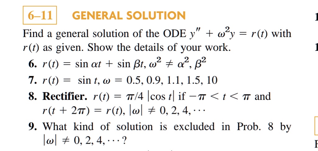 SOLVED: GENERAL SOLUTION Find a general solution of the ODE y^(”)+omega ...