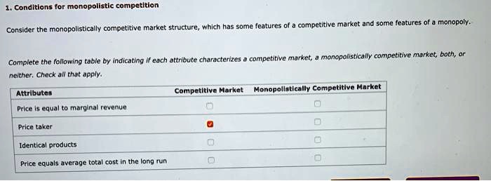 1. Conditions for monopolistic competition

Consider the monopolistically competitive market structure, which has some features of a competitive market and some features of a monopoly.

Complete the following table by indicating if each attribute characterizes a competitive market, a monopolistically competitive market, both, or neither. Check all that apply.

Attributes | Competitive Market | Monopolistically Competitive Market
Price is equal to marginal revenue | [ ] | [ ]
Price taker | [x] | [ ]
Identical products | [ ] | [ ]
Price equals average total cost in the long run | [ ] | [ ]