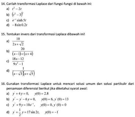 14. Carilah transformasi Laplace dari fungsi-fungsi d… - SolvedLib