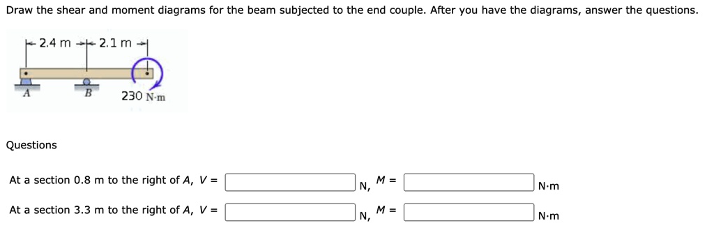 Draw the shear and moment diagrams for the beam subjected to the end couple. After you have the diagrams, answer the questions. 2.4 m 2.1 m 230 N·m Questions At a section 0.8 m to the right of A, V = N, M = N·m At a section 3.3 m to the right of A, V = N, M = N·m