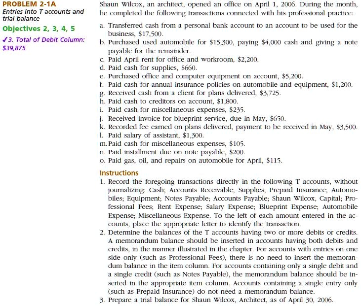 SOLVED: Text: PROBLEM 2-1A Entries into T accounts and trial balance ...