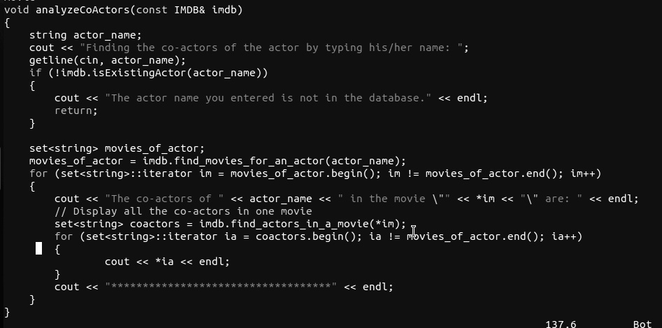 void analyzeCoActors(const IMDB imdb) string actorname; cout